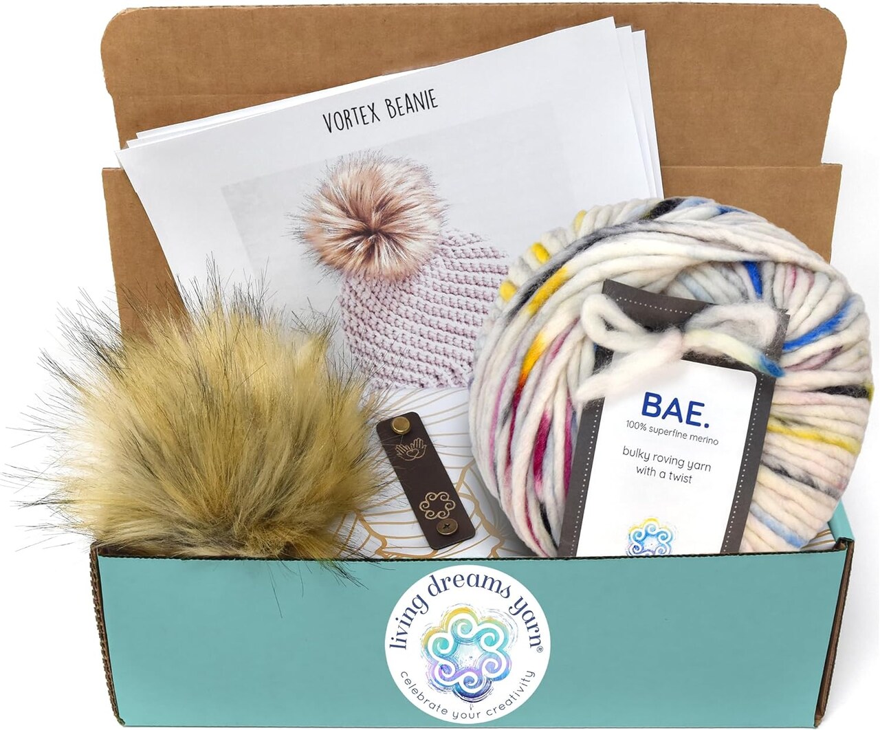 DIY Winter Hat Crochet Kit. Includes Bulky Superfine Merino Wool Yarn, Printed Pattern, Pom-Pom, Rim Tag. Soft, Cozy, Great for Gifts